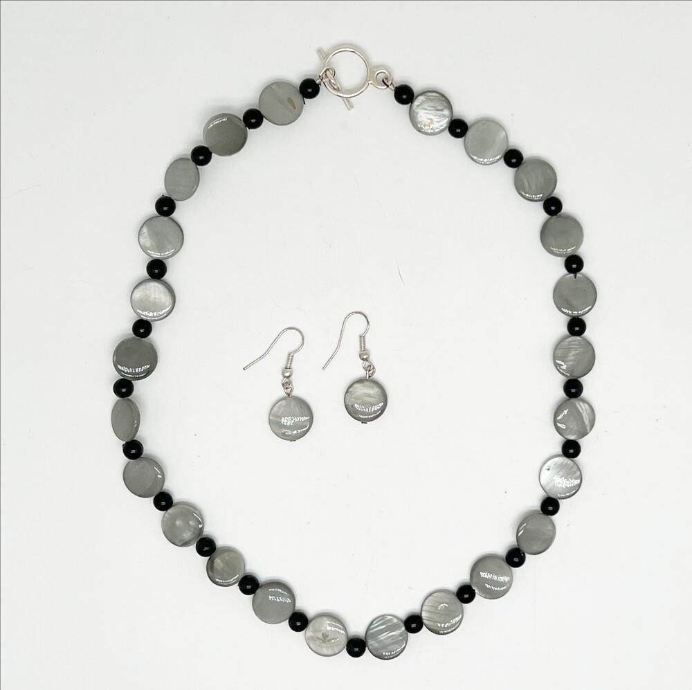 Handmade Black and Gray Beaded Necklace and Earrings Set Hand Crafted